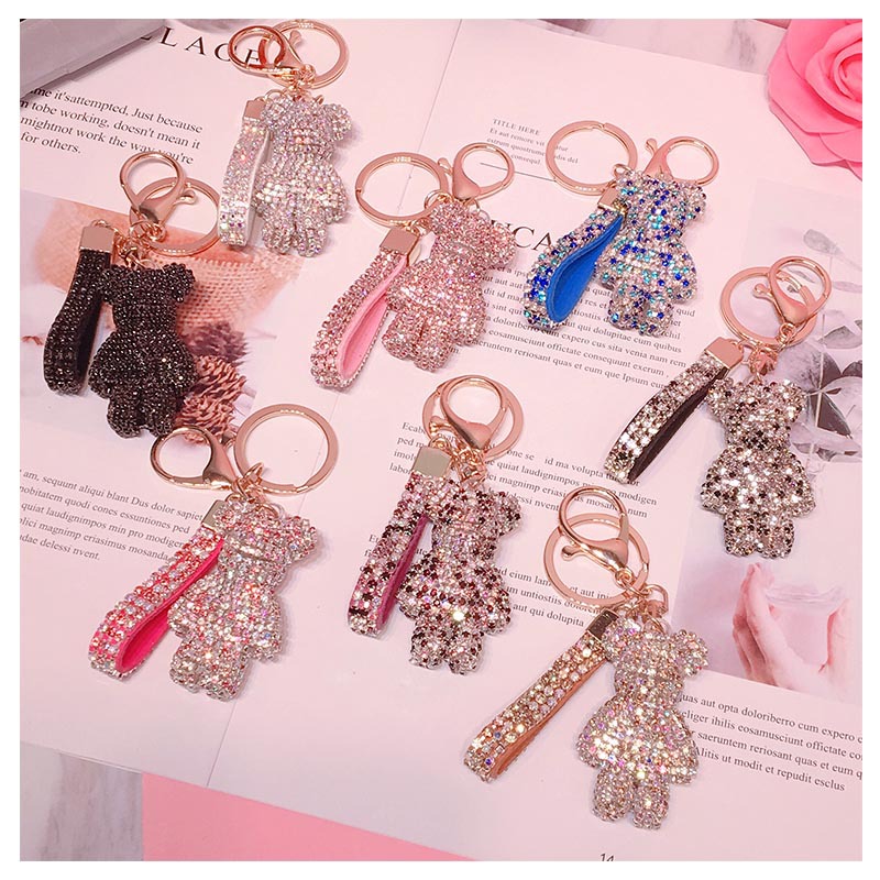 

Key Ring PVC Keychain DIY Craft Cartoon Bear Handmade Rhinestone Crystal Key Chains Charm Pendant Car Keychains For Women Gifts