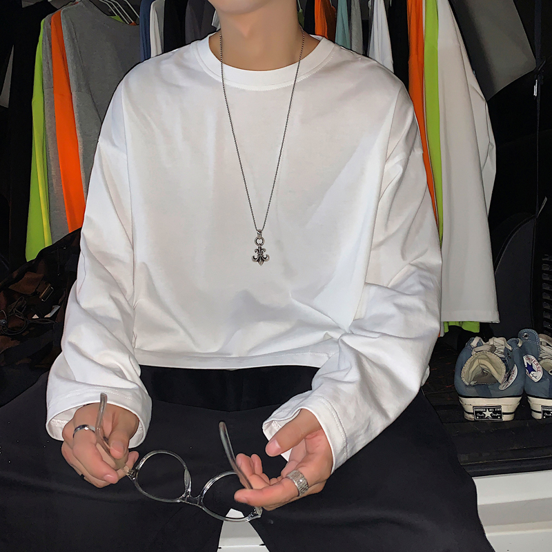 

2021 New Basic Autumn Solid Around Neck Male Tendency Cotton Loose Shirt Long Bottom G4Q6, Orange.
