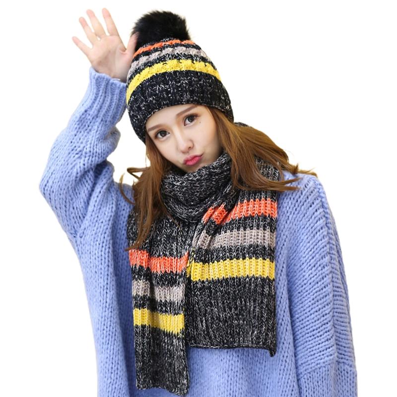 

women winter crochet knit 2pcs beanie hat long scarf shawl wrap set contrast color striped plush lined pompom skull cap, Blue;gray