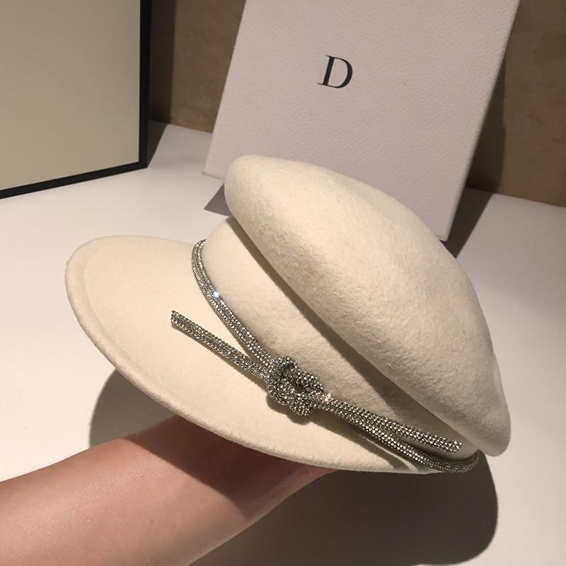 

202101-YY autumn winter wool solid Shining diamond Rope luxury leisure lady Octagonal hat women visors cap, Black