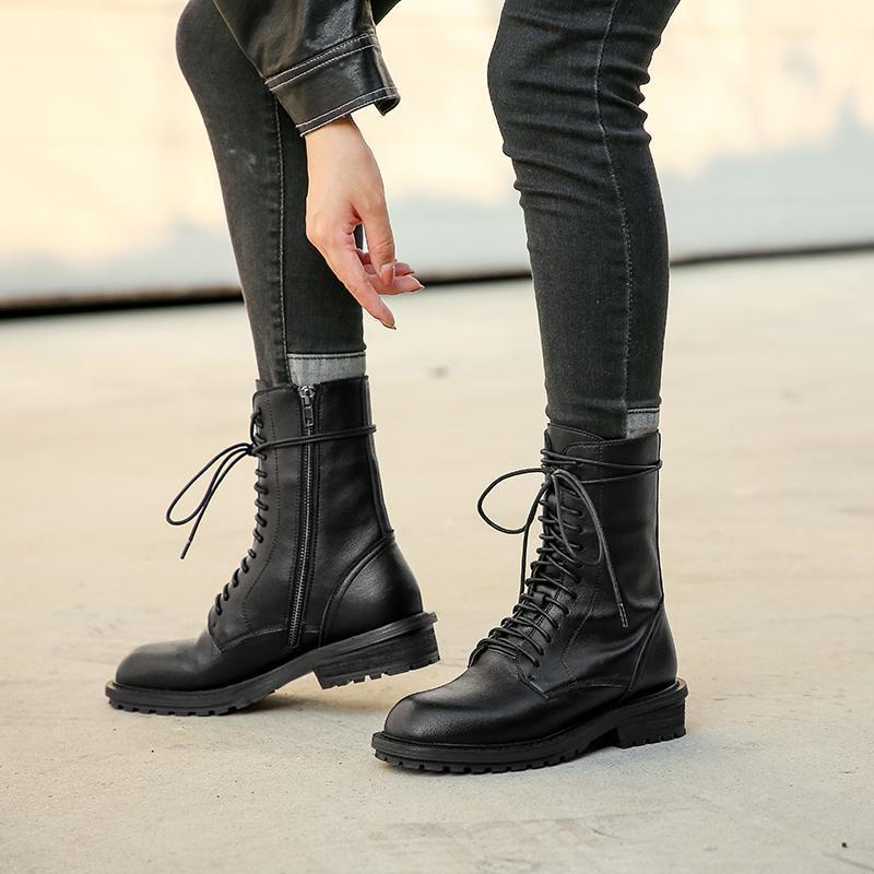 

2020 winter leather strap with heel women's booties side zipper outdoor flat bottom layer cowhide mesh red women's boots1, Black-leather