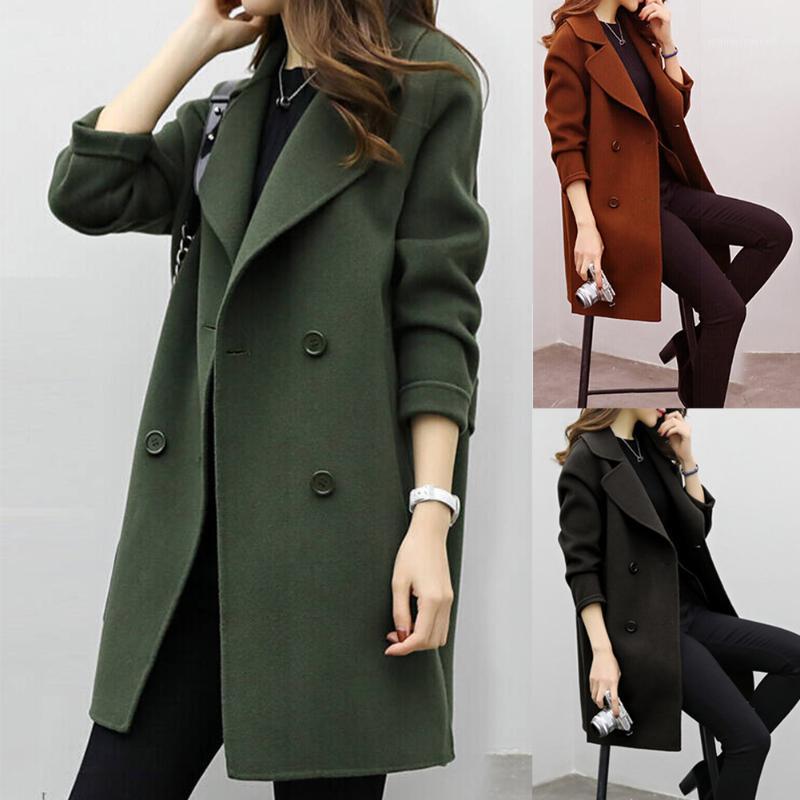 

Women Artificial Wool Coat Thickening Autumn Winter Slim Fit Warm Outwear Turndown Collar Double Breasted Coats1, Black