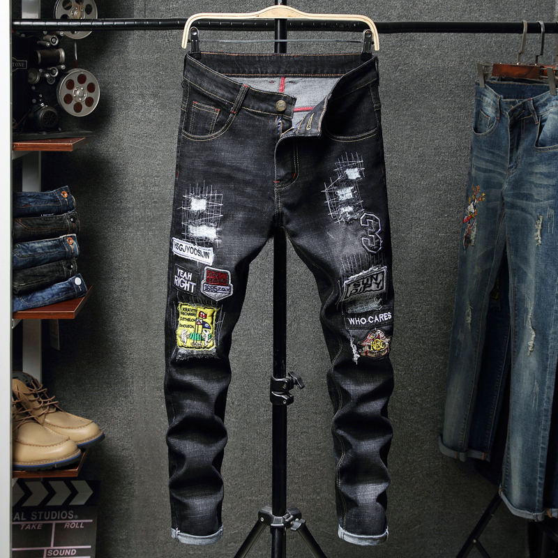 

2021 New Pantalon Men's Retro Black Streetwear Fashion Embroidery Hole Ny Jeans Slim Motorcycle Riding Denim Trousers Plus Size 28-38 S5uh
