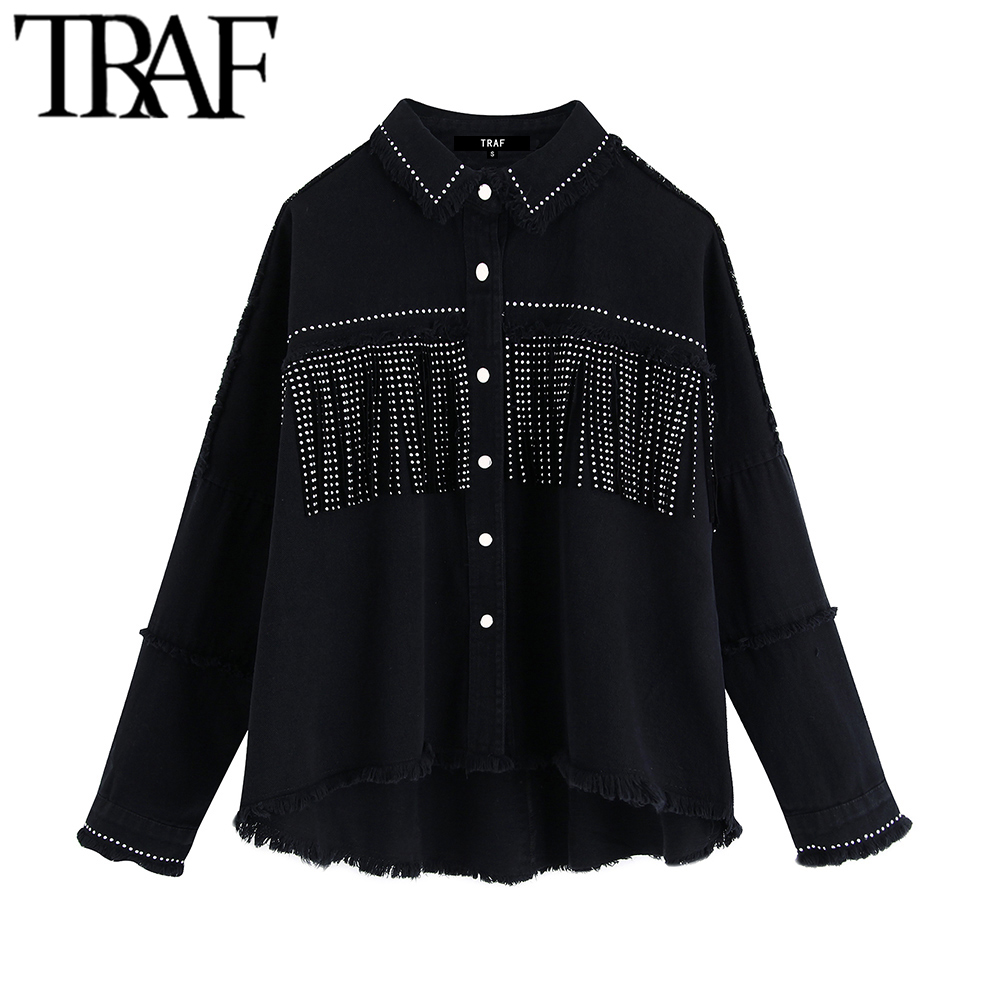 

TRAF Women Stylish Tassel Beaded Oversized Denim Jaet Coat Vintage Fashion Long Sleeve Frayed Trim Outerwear Chic Loose Tops, Black
