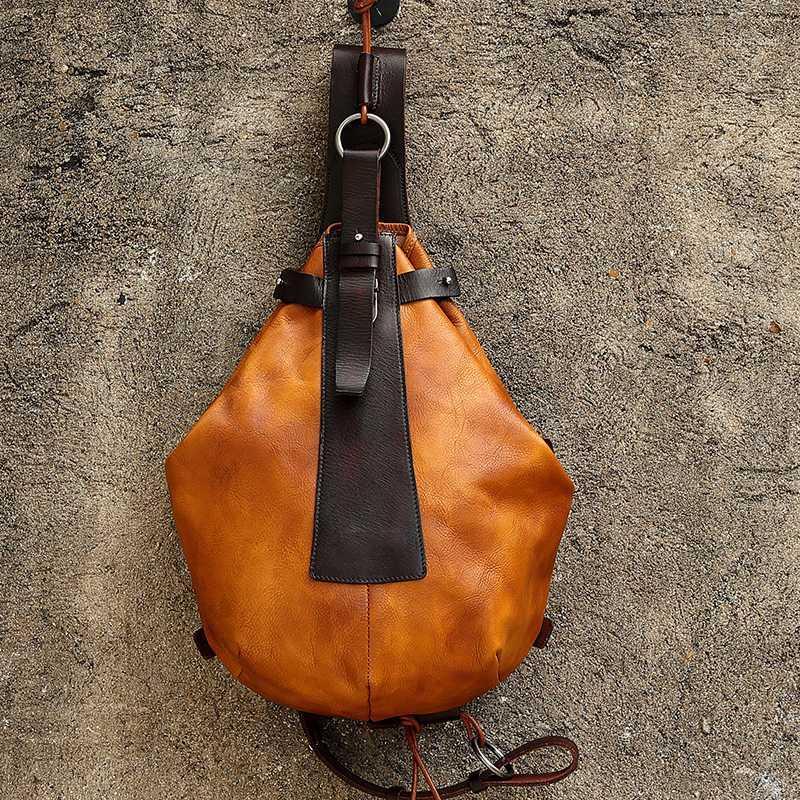 

B6 Mens Cowhide Leather Backpack Casual Bag Retro Brown Leather Travel Bag Shoulder Messenger Chest1