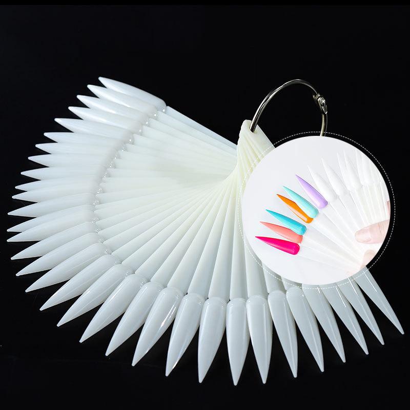 

50pcs Sharp Fan Shaped Nail Art False Tips Polish Gel Color Practice Display Showing Card Sticks Manicure Tools, White