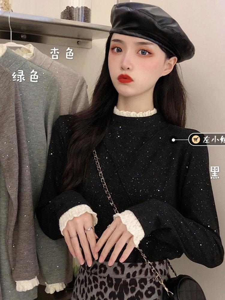 

Women's autumn and winter half high neck sweater with plush and thickened underlay, Green