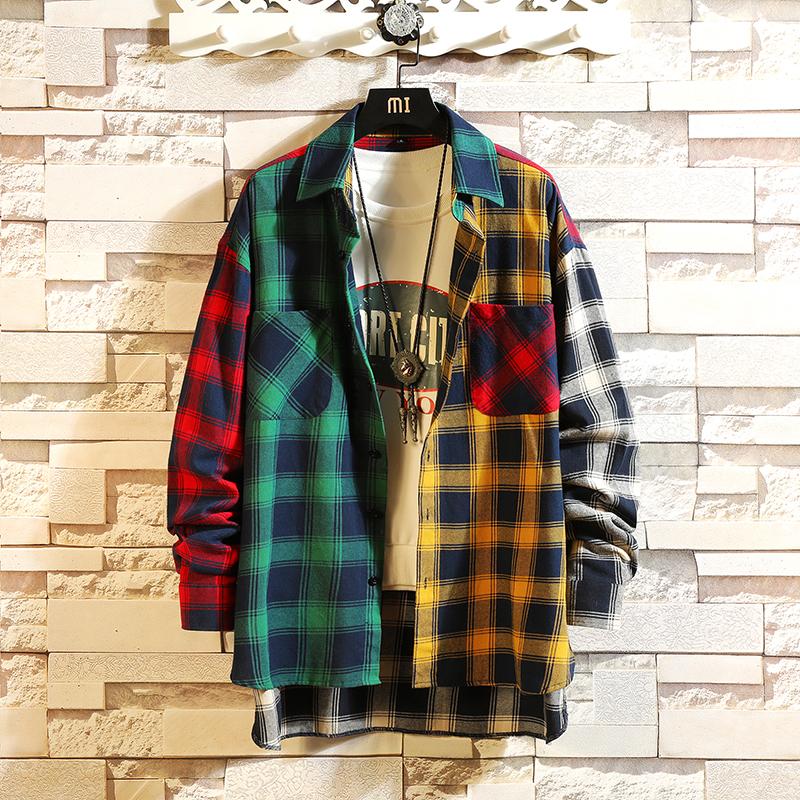 

Men's Casual Hip Hop Loose Long-sleeved Shirt Spring Personality Korean Version of The Trend of Color Matching Plaid Shirt 5XL