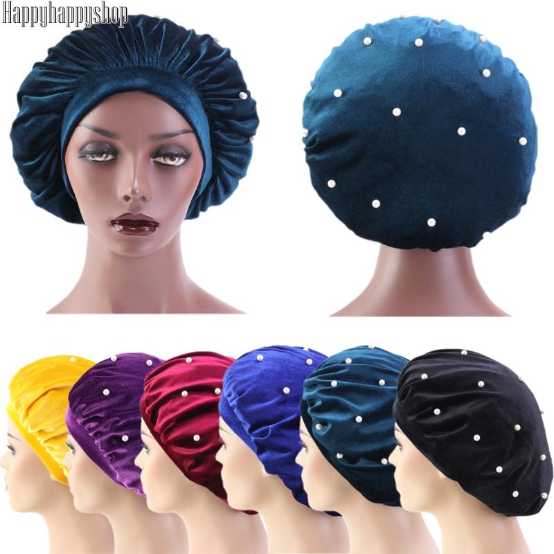

Elegant Women Beaded Bonnet Winter Velvet Turban Elastic Wide Band Sleep Cap Night Hat Hair Care Headwrap Warmer Headwear, Black