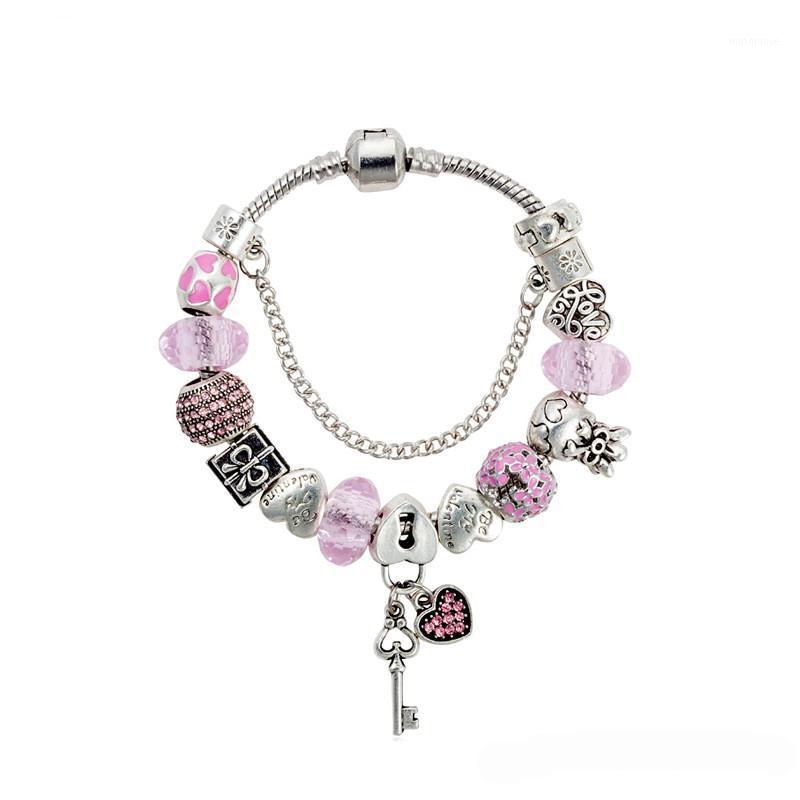 

YILIANFEI New Key Pendant Pink Crystal/Glass Beads Fashion Personality Cuteness Charm Bracelets & Bangles For Women Gift BT00481