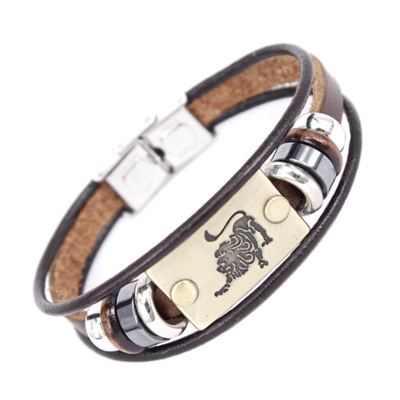 

Trendy 12 Constellation Stainless Steel Buckle Leather Bracelet Europe Fashion Constellation Leather Bracelet For Men Women