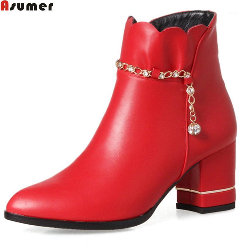 

ASUMER fashion new arrive women boots pointed toe zipper black red white ladies boots Keep warm square heel chain ankle1