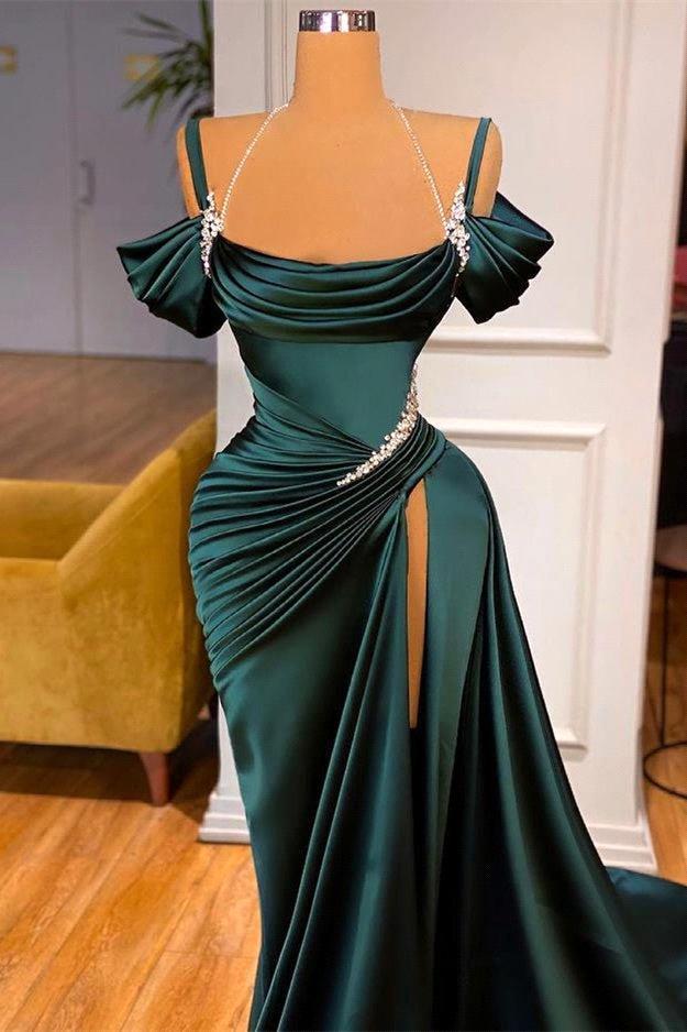 Elegant Stunning Off-the-Shoulder Satin Mermaid Prom Dress Long Ruffles With Split Beaded Formal Party Evening Gowns 2022 BC11179 sxm21