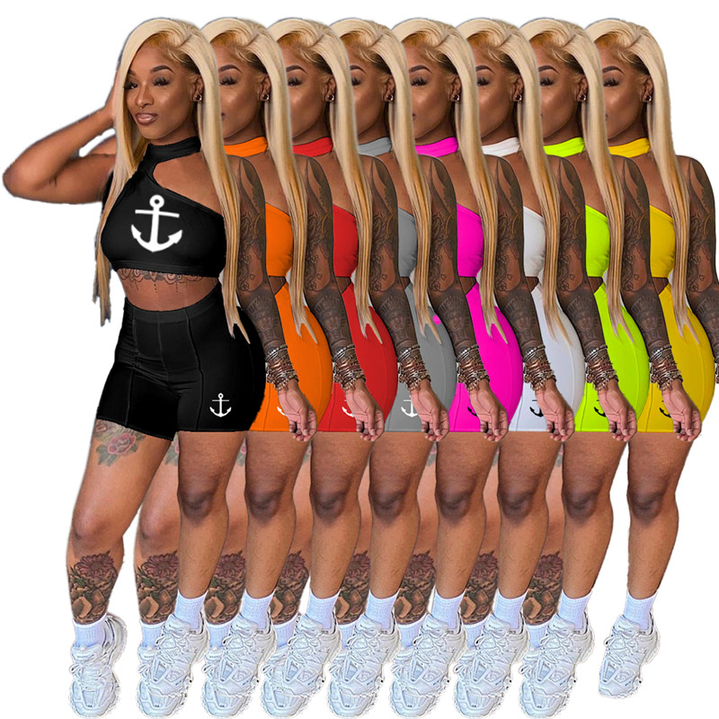 

Wholesale Summer Clothes Women Tracksuits Sleeveless Tank Top Shorts Two Piece Set Anchor Print Outfits Casual Sports Suits Joggers Bulk 7099, Mix color