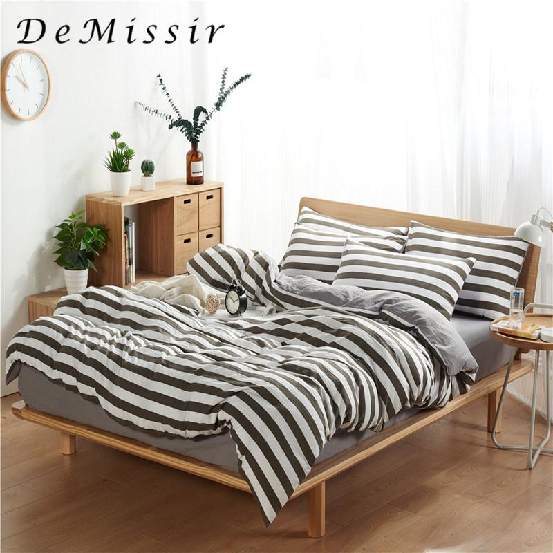 

DeMissir Japanese Brief Cotton Bedding Set  Queen King Fitted Sheet Duvet Cover Pillow Cases 4Pcs Quilt Cover Set bed linen, 15