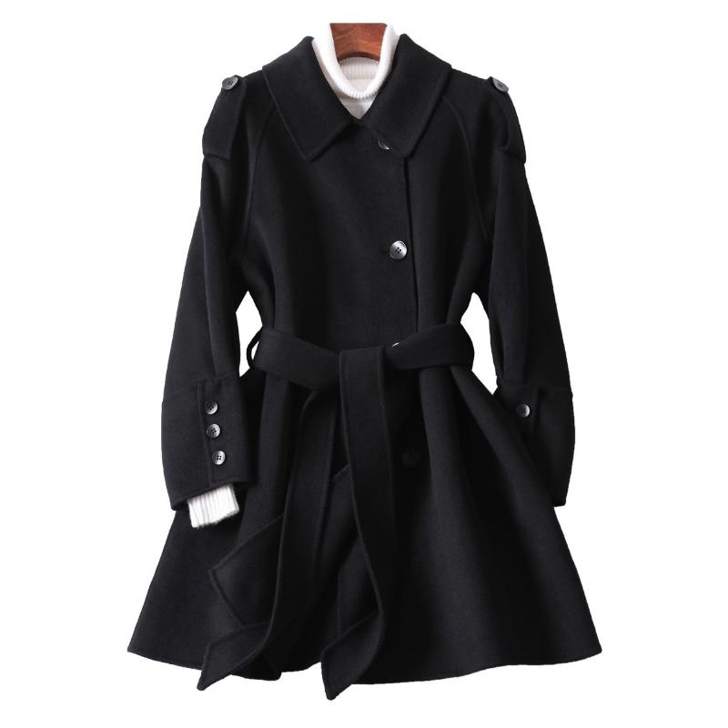 

Women 2021 Autumn Winter Double-Faced Cashmere Loose Warm Wool Long Coat Female Turn-down Collar Adjustable Belt Wool Coats B510, As pic