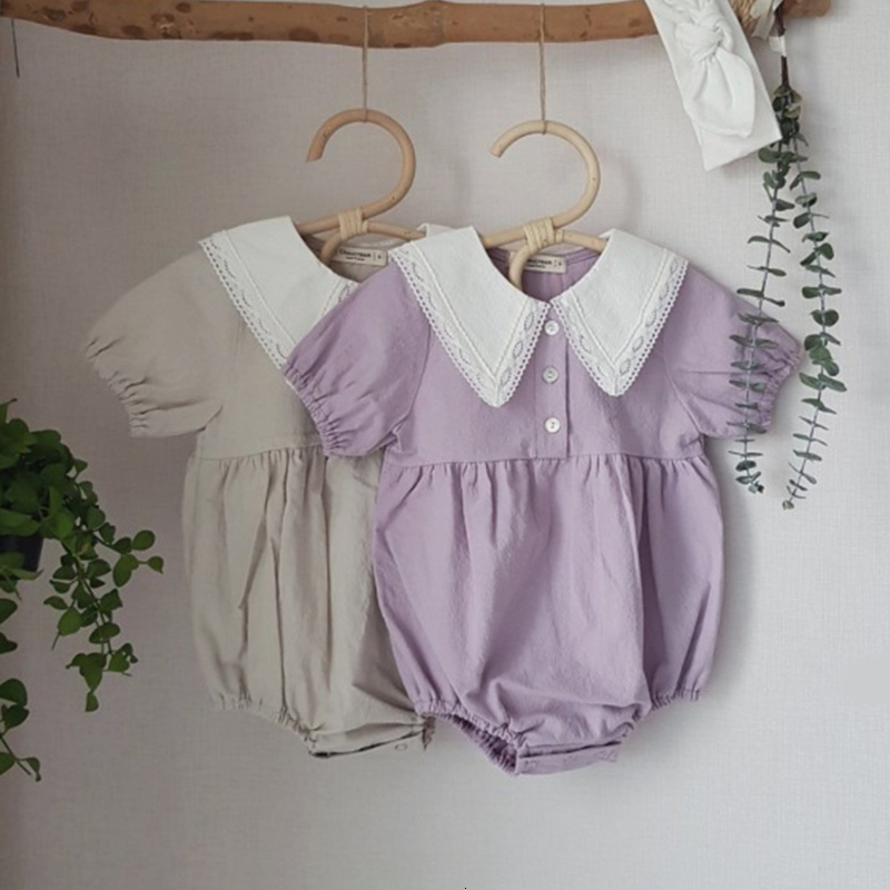 

2021 New Newborn Baby Girls Lace Collar Princess Bodysuits Korean Style Infants Clothes Sleeve Toddlers Kids Cute Jumpsuits Xnmq, 7627beige gray