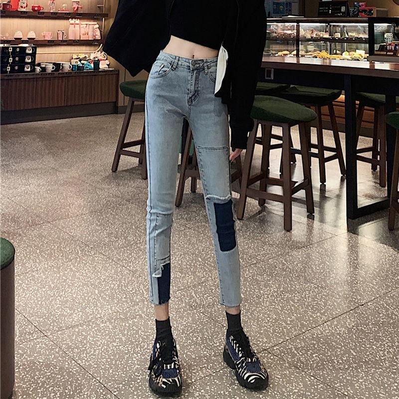 

Streetwear High Waist Stretch Skinny Irregular Jeans Pants Patchwork Female Vintage Pencil Jeans 2021 Women Denim Trousers S193, Blue