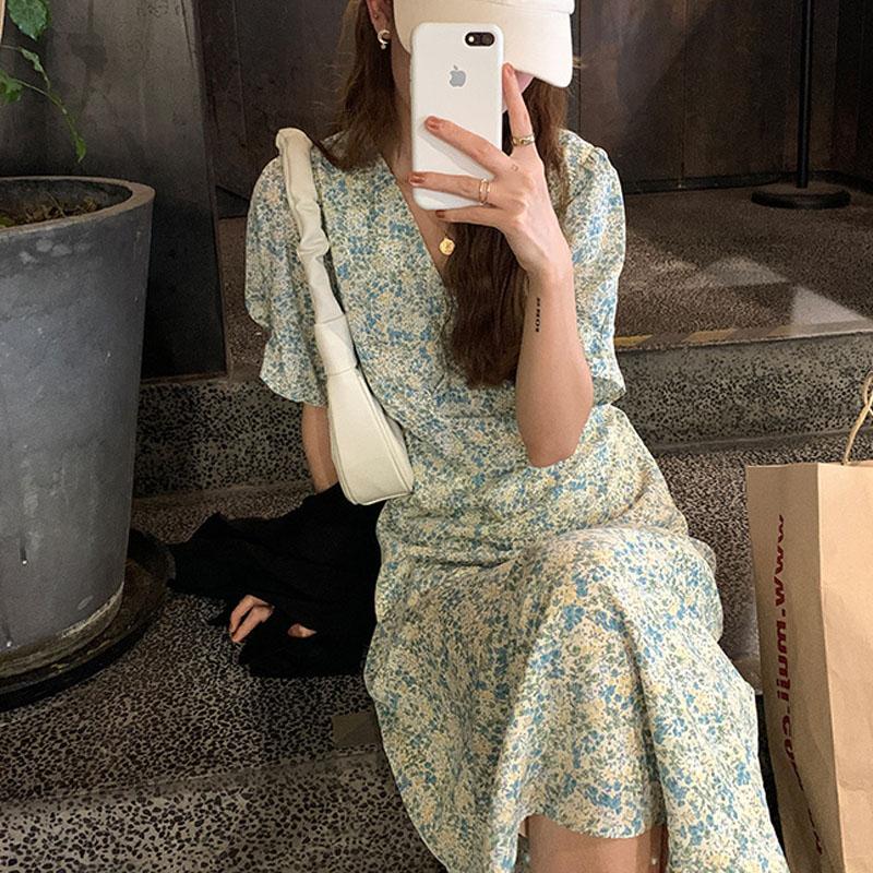 

Casual Dresses 2022 Summer Floral Maxi Dress Women French Sexy Chiffon Loose Fairy Long Office Lady Robe Femme Chic 15253, Black;gray