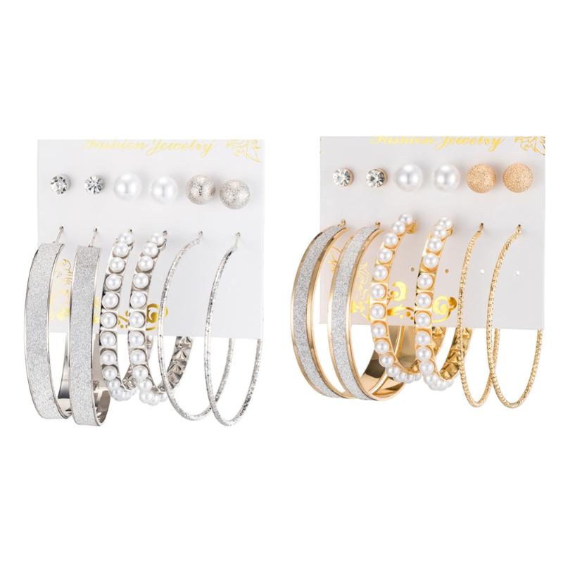 

Hoop & Huggie 6 Pair / Set Vintage Gold Color Big Circle Earrings For Scrub Pearl Ear Earring Women Party Jewelry #274162