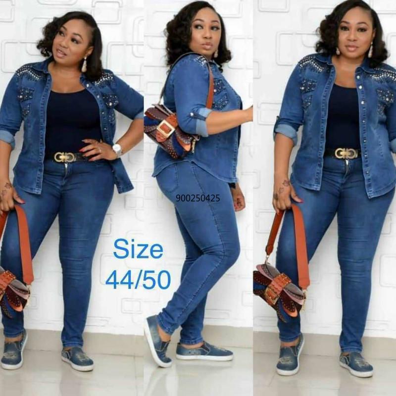 

Two Piece Set Africa Clothes African 2020 New Dashiki Fashion Denim Suit Top And Trousers Super Elastic Party Plus Size For Lady