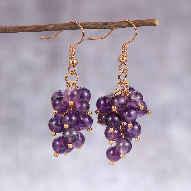 

Fashion Natural Stone Beads Drop Earrings For Women 6mm Top Grade Purple Crystal Grape Bunch Hanging Dangle Earring BOHO Jewelry