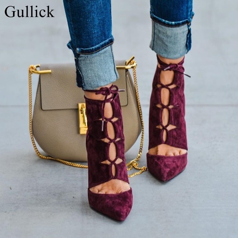 

Red suede, Sexy Bombs, Flat Bick Shoe, Lace-up Cut-out High Heel, Cage, Clothed Lady Office, Slippery Shoes in the Sandaly Tornozzle, Brown