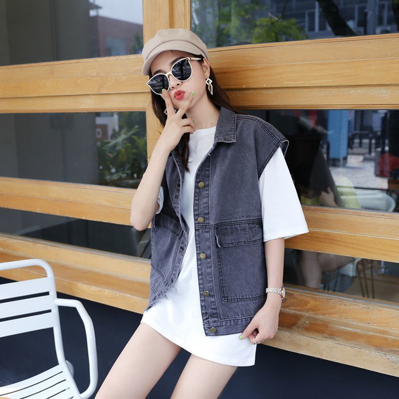 

2021 New Fashion Spring Denim Vest Women Casual Coat Vintage Cardigan Sleeveless Turn-down Collar Woman Clothing, Black;brown