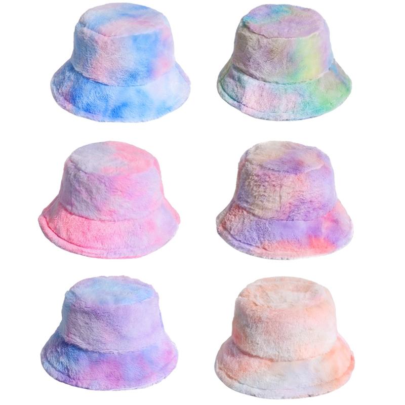 

Winter Women Rainbow Tie Dye Colorful Bucket Hat Fluffy Fuzzy Plush Short Brim Sunscreen Thick Warm Outdoor Panama Fisherman Cap