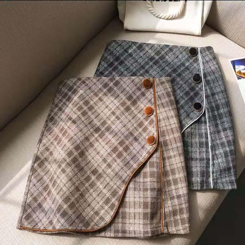 

Winter Thicken Woolen Cloth Skirt Women 2020 Fashion Plaid Single-breasted 2 Layer Mini Skirt Korean Thin A Line Coffee Gray, Khaki