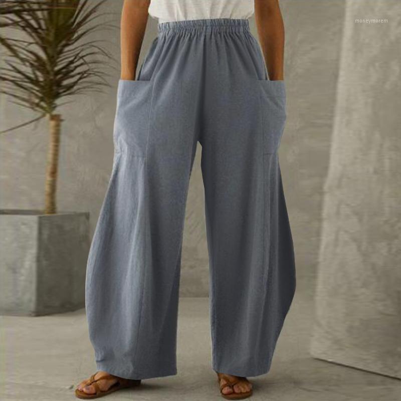 

2020 Autumn Solid Trouser Vintage Wide Leg Pants ZANZEA Women Casual Elastic Waist Long Pantalon Female Palazzo Turnip Plus Size1, Black