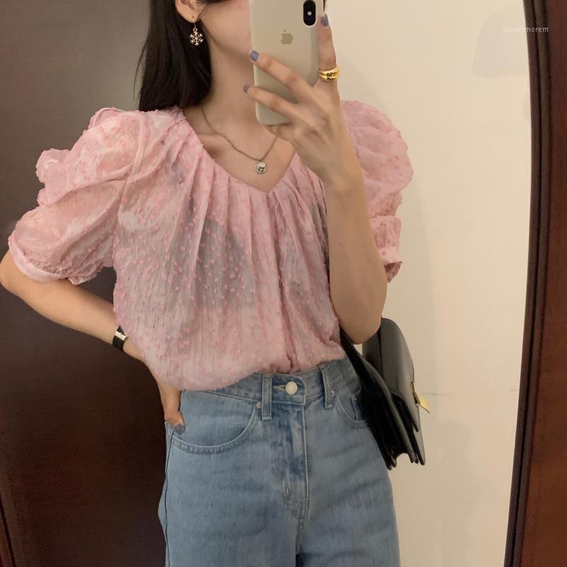 

Women V-neck Pink Chiffon Blouses Women 2020 New Summer Korean Style Shirt Solid Puff Sleeve Tops Woman Clothes Blusas1