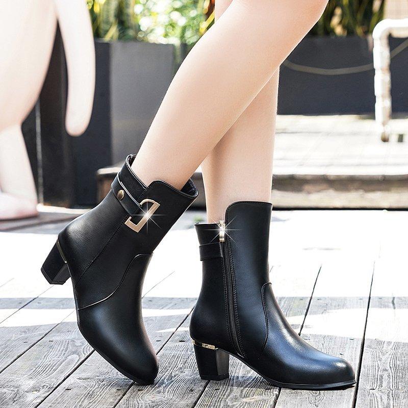 

Autumn Winter Ankle Boots for Women Shoes Woman Solid Black Leather Boots Zip Metal Buckle Square High Heels Motorcycle