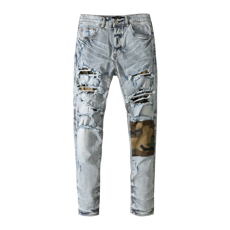 

Fashion Skinny Mens Camouflage Patchwork Jeans Straight Slim Elastic Casual Biker Male Stretch Denim Trouser Classic Pants, Light blue