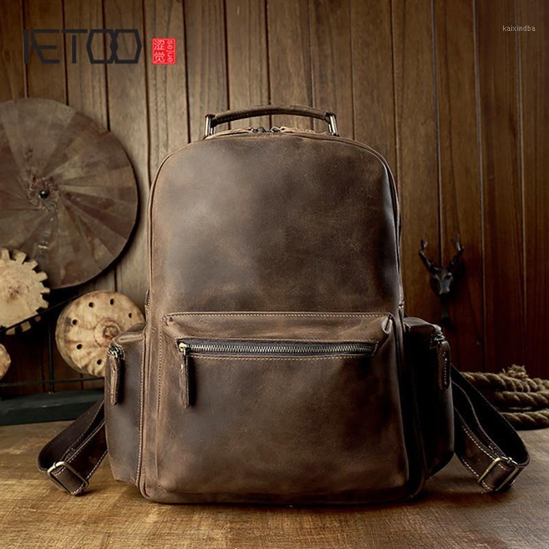 

AETOO Simple leather backpack, men's fashion trend crazy horse leather backpack, men's computer travel bag1