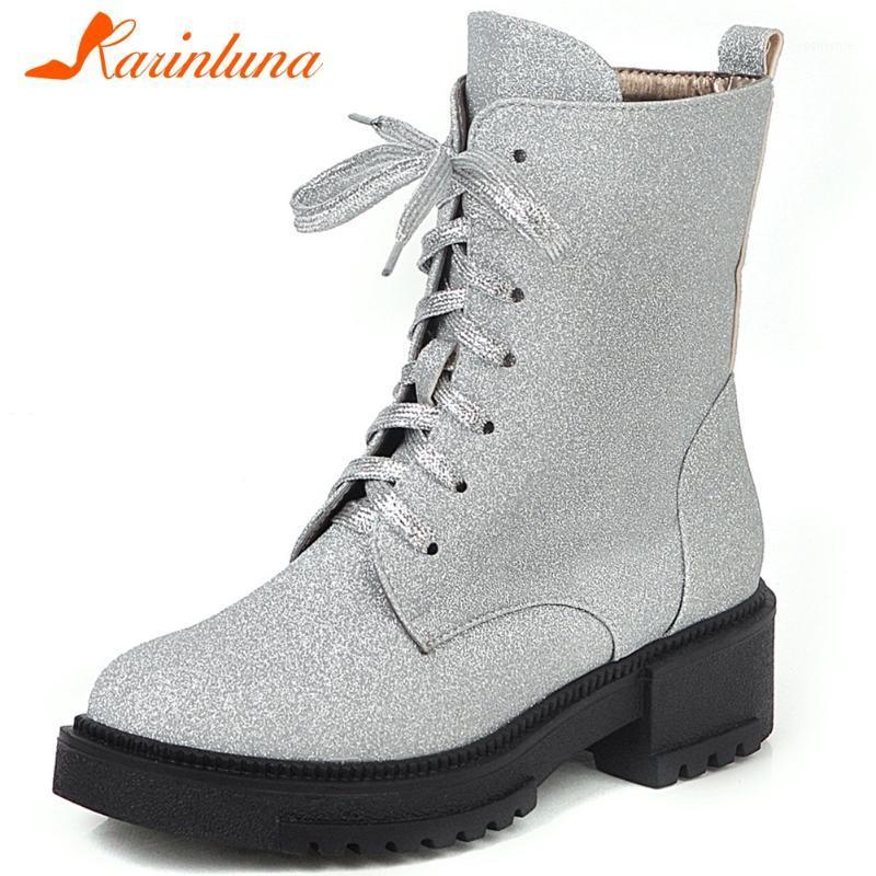 

KARIN Ins Fashion Lady Platform Cool Chunky Heels Boots Mid Calf Bling Cloth Boots Women Lace Up Shoes Woman1, Black