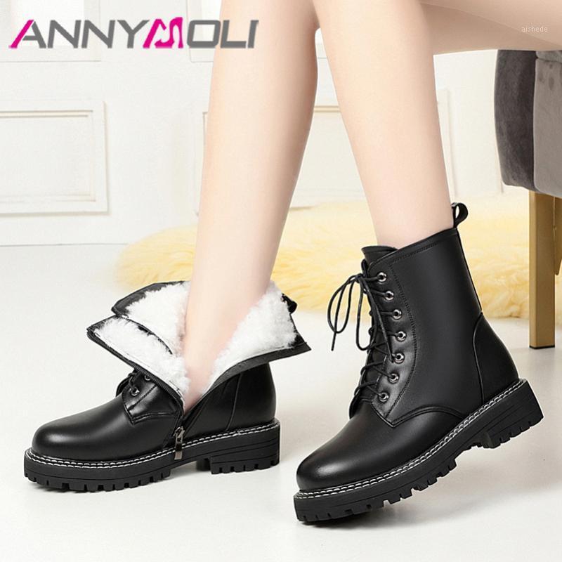 

ANNYMOLI Natural Wool Fur Real Leather Flats Platform Motorcycle Boots Women Short Boots Shoes Lace Up Zipper Ankle Black1, Black wool fur