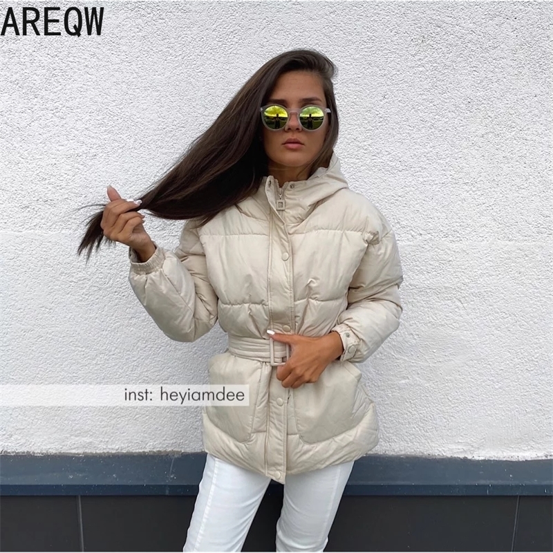

New Autumn Winter Cotton Parkas Women Winter Coat Womens Clothing Slim Waist Long Sleeve Hooded Outwear Winter Clothes 210203, Beige