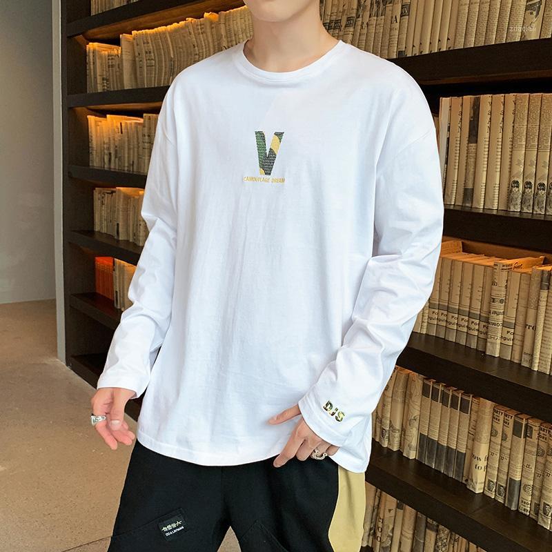 

2020 Spring Summer Mens Clothing O-neck Fashion T Shirt Men Long Sleeved Solid Cotton Tshirt High Quality1, White