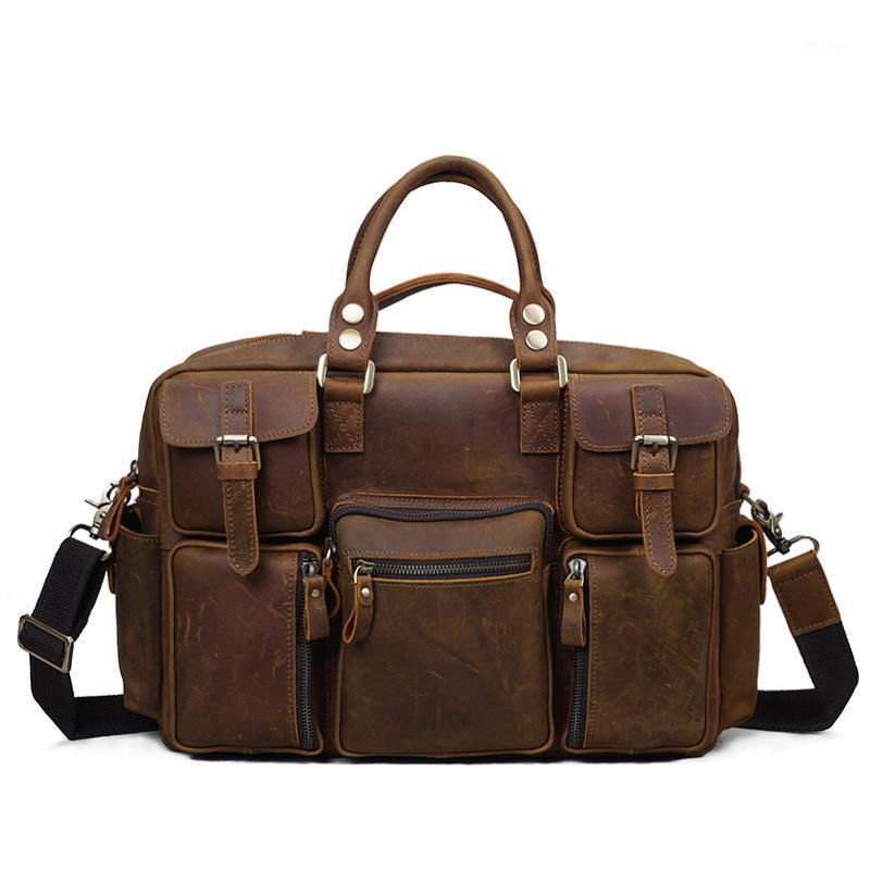 

Multifuctional Genuine Leather Bag Retro Crazy Horse Leather Travel Bag Outdoor Shoulder Messenger Large Zipper Handbag LD7681, Color1