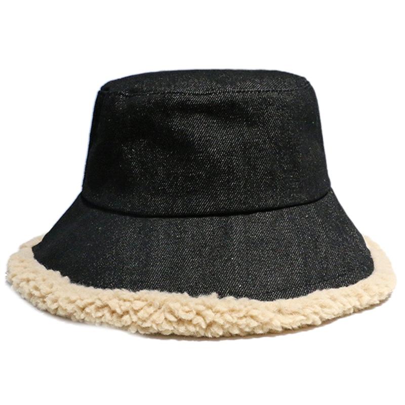 

Women Winter Warm Denim Bucket Hat Faux Fleece Lined Wide Brim Fisherman Cap, Bk