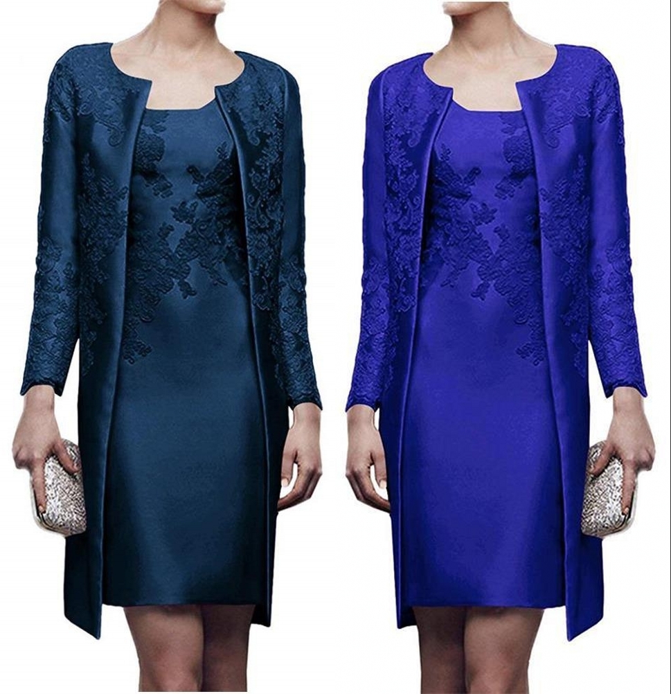 Red Short Mother of the Bride Dress with Jacket Coat Long Sleeve Lace Satin Mother of Groom Suit Wedding Guest Party Gowns