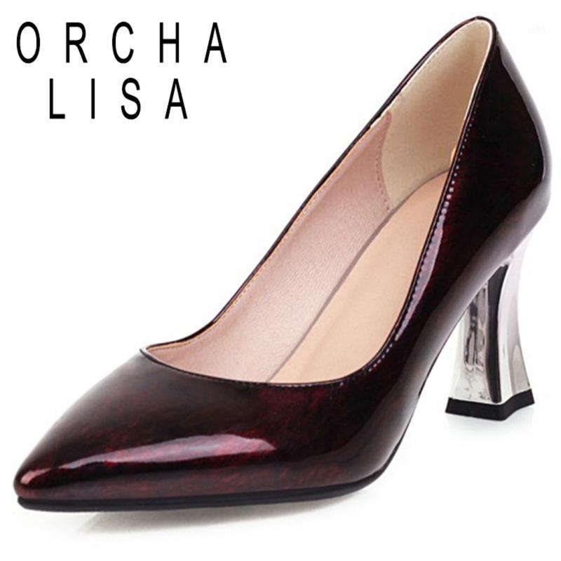 

ORCHA LISA Ladies Novelty Spring Autumn Pumps Pointed Toe 7.5cm Hoof Heels Patent Leather Slip on Big size 31-47 Party C19031, Green