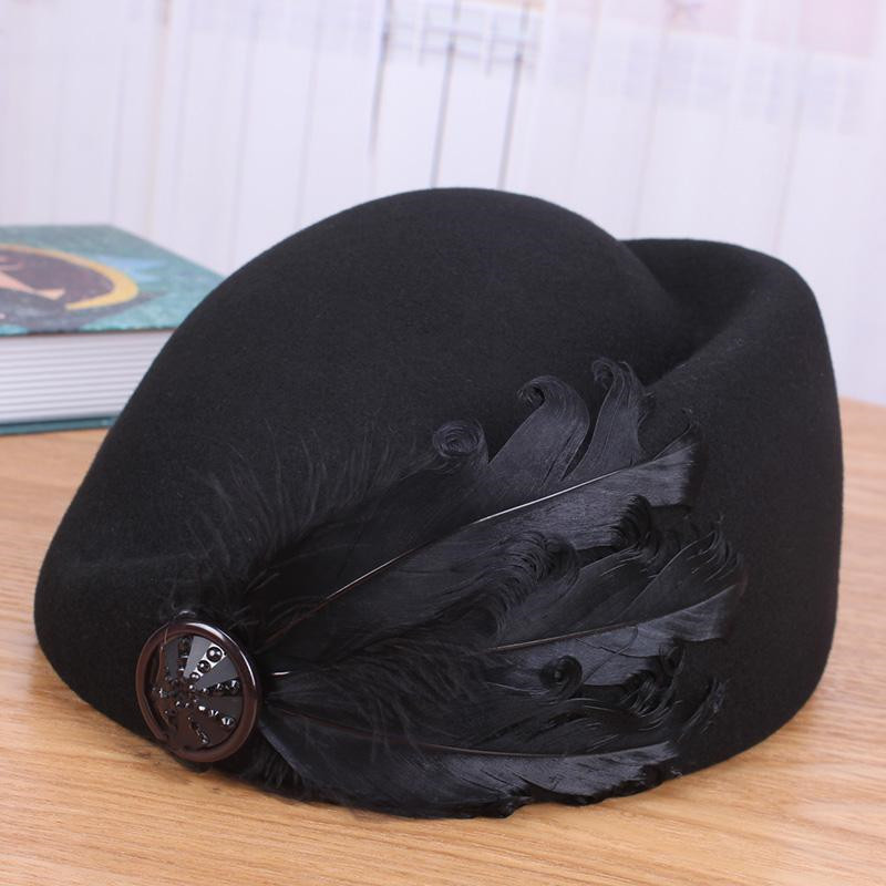 

retro European American feather beret, autumn season and winter girls versatile party hat, british woolen stewardess hat