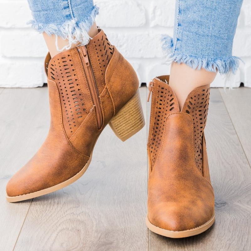 

Women's Ladies Short Boots Heels Solid Plus Size Hollow Out Vintage Leather Winter Ankle Shoes Short Boots DROPSHIPPING, Beige