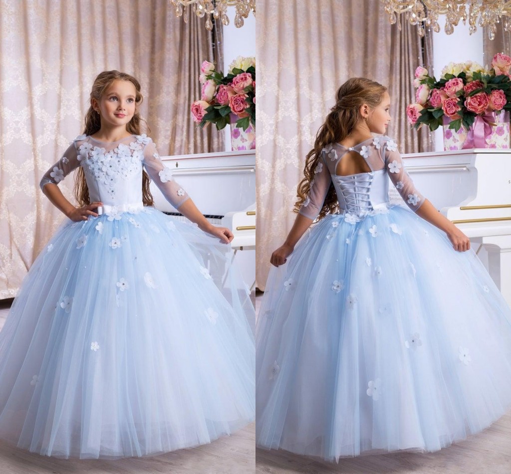 

Light Sky Blue Floral Appliques Princess Ball Gown Wedding Flower Girl Dresses 3/4 Long Sleeves 2021 Pageant Party Gowns For Girls AL8619, Champagne