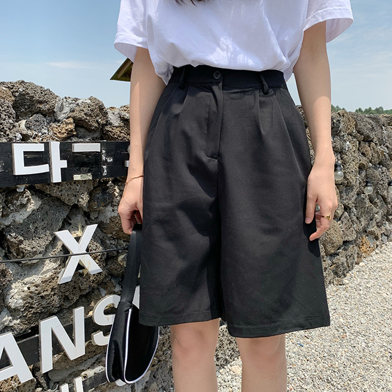 

2021 New 2 color summer style at knee height slacks loose suit black/gray pants (f3966) MU5L, Black pants