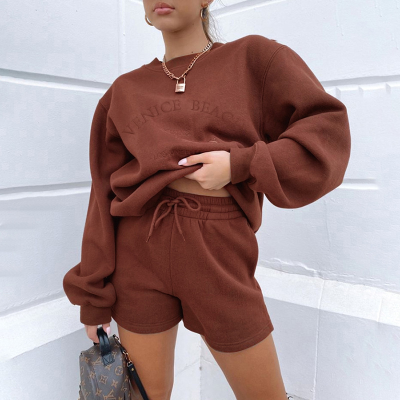 

2021 New Womens Hoodies Sweatshirt Tracksuits 2 Oversize Sporting Shorts Sweat Set Two Piece Outfit Solid Color Sets Utxu, Brown