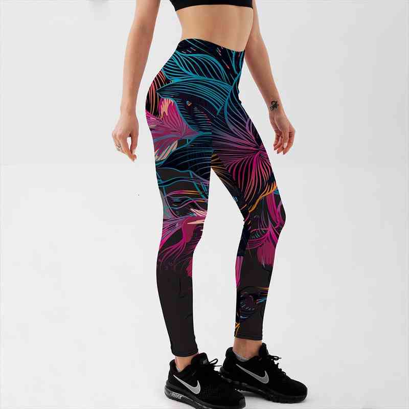 

Fashion Women Leggings Floral Petal Digital Color Printed Leggings Sexy Workout Fitness Pants Casual Streetwears, Black