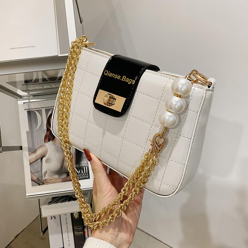 

Contrast color pearl Tote lattice 2021 Fashion New High quality PU Leather Women's Designer Handbag Chain Shoulder Messenger bag, Black